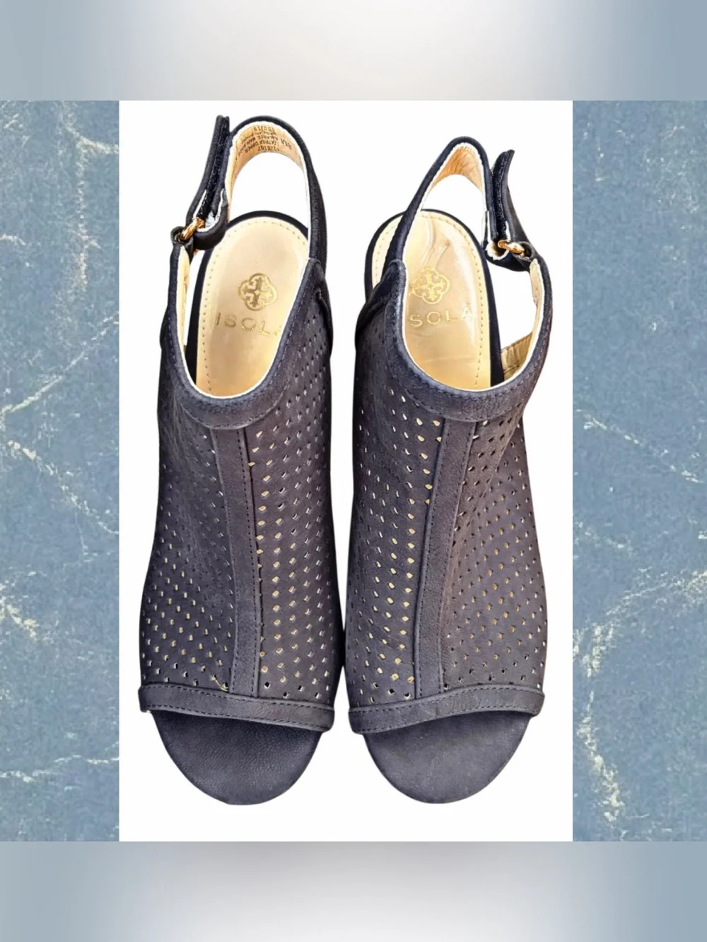 Perforated Leather Block Heel Sandals